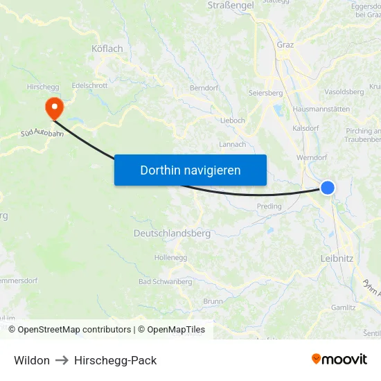 Wildon to Hirschegg-Pack map