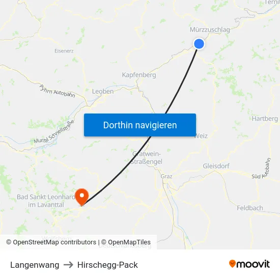 Langenwang to Hirschegg-Pack map