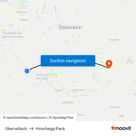 Obervellach to Hirschegg-Pack map