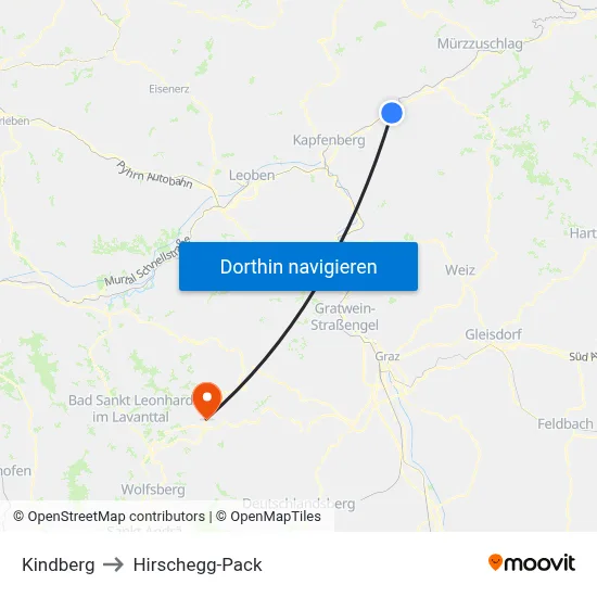 Kindberg to Hirschegg-Pack map