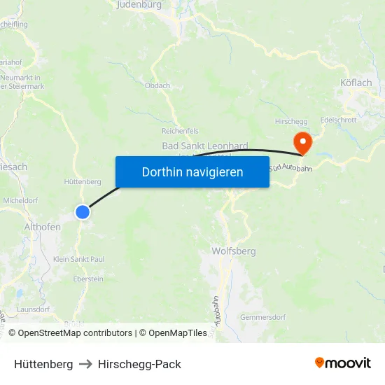 Hüttenberg to Hirschegg-Pack map