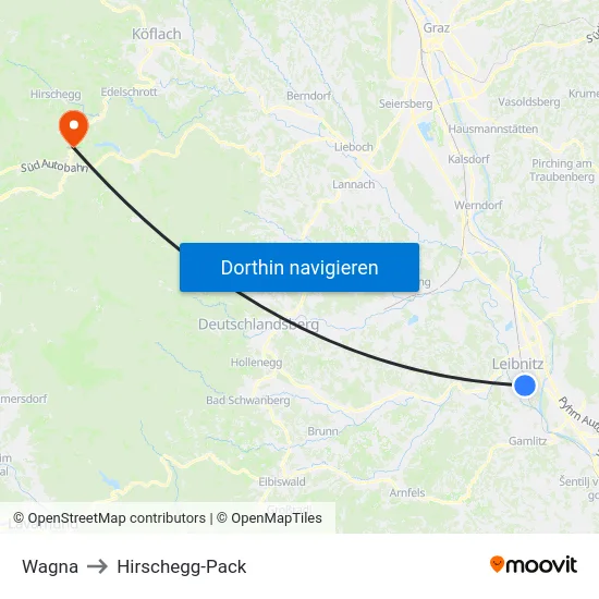 Wagna to Hirschegg-Pack map