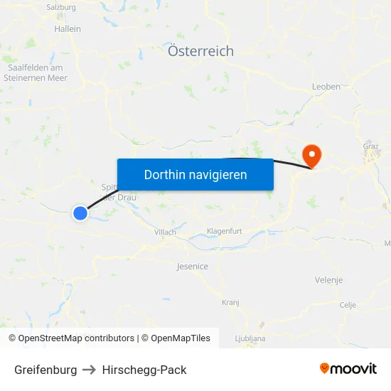 Greifenburg to Hirschegg-Pack map