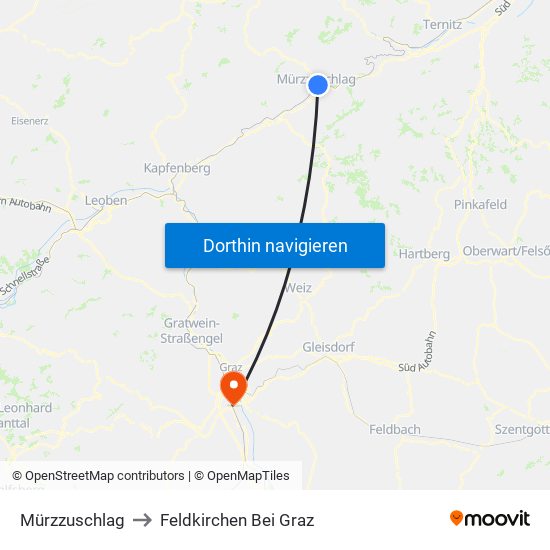 Mürzzuschlag to Feldkirchen Bei Graz map