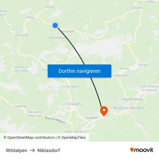 Wildalpen to Niklasdorf map