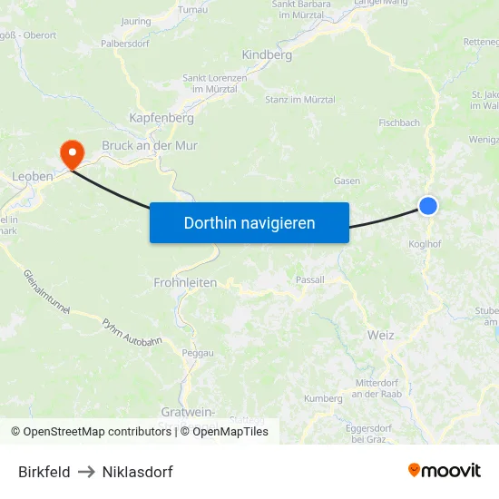 Birkfeld to Niklasdorf map