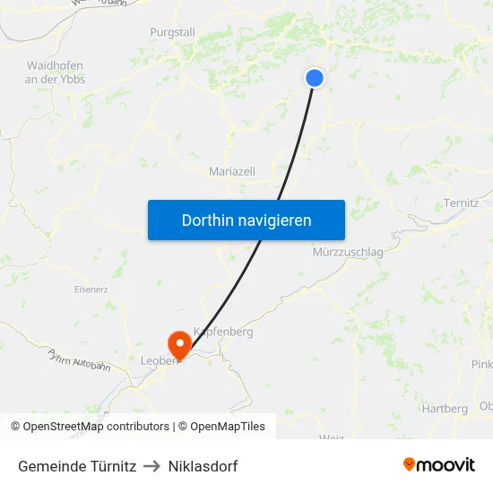 Gemeinde Türnitz to Niklasdorf map