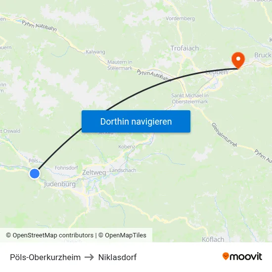 Pöls-Oberkurzheim to Niklasdorf map