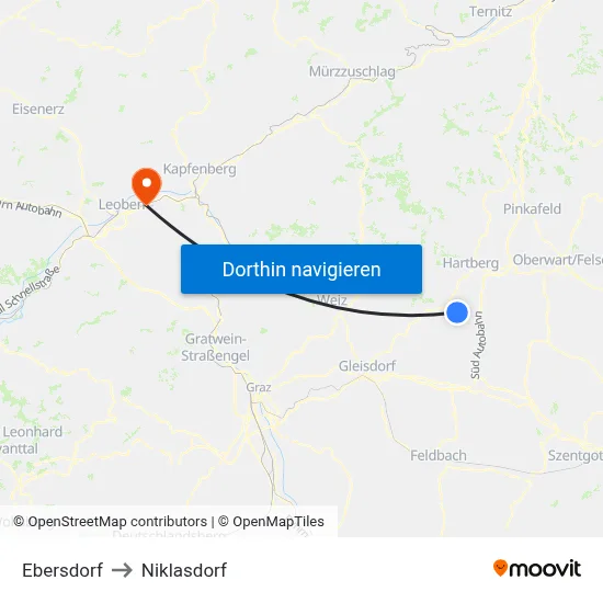 Ebersdorf to Niklasdorf map