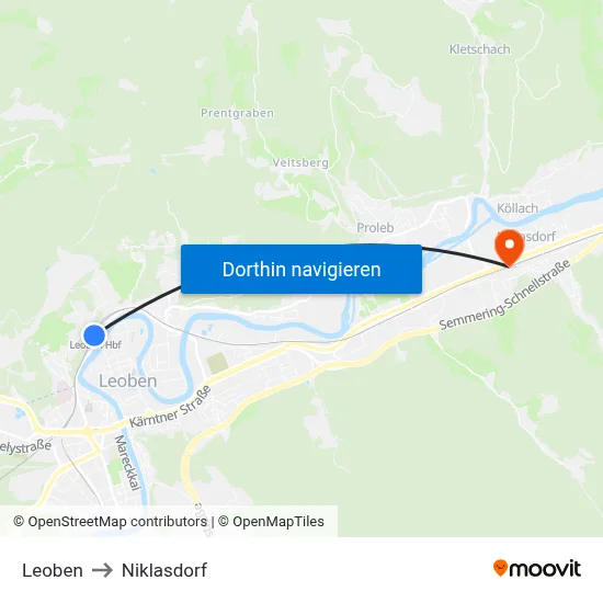 Leoben to Niklasdorf map