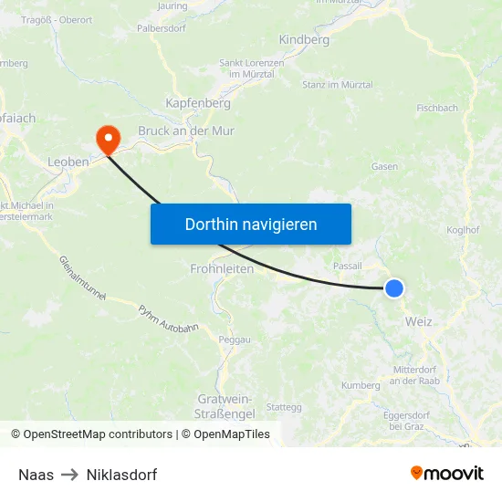 Naas to Niklasdorf map