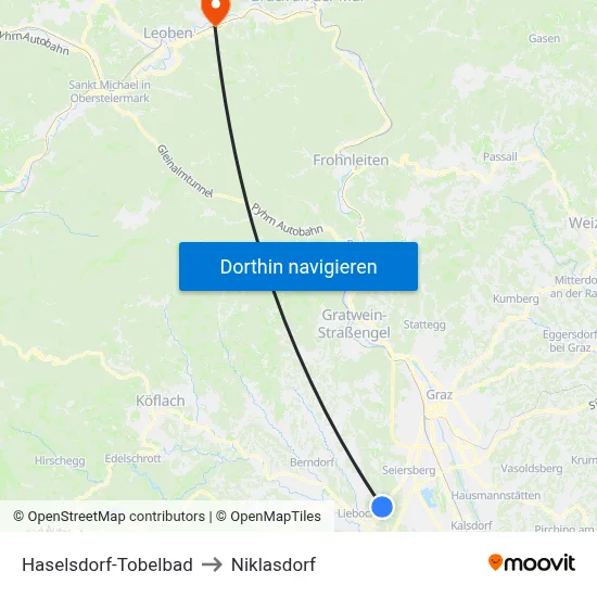 Haselsdorf-Tobelbad to Niklasdorf map