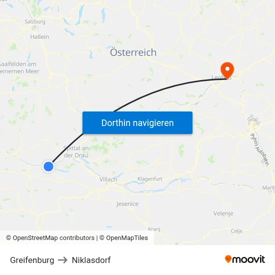 Greifenburg to Niklasdorf map