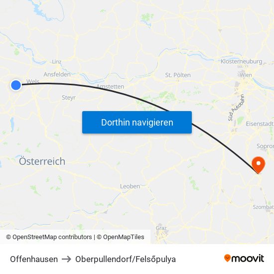 Offenhausen to Oberpullendorf/Felsőpulya map