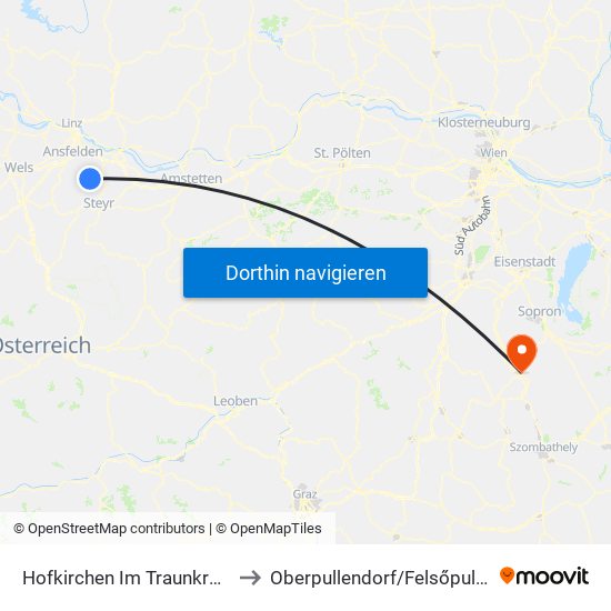 Hofkirchen Im Traunkreis to Oberpullendorf/Felsőpulya map