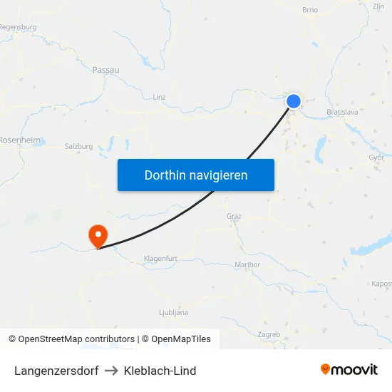 Langenzersdorf to Kleblach-Lind map
