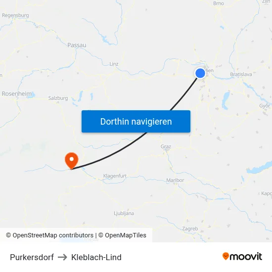 Purkersdorf to Kleblach-Lind map