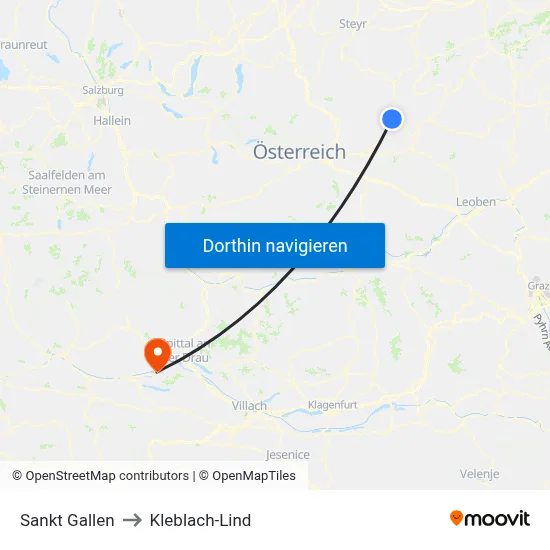 Sankt Gallen to Kleblach-Lind map