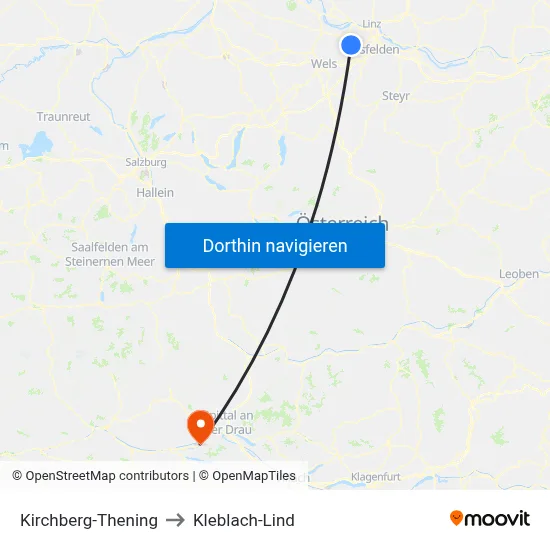 Kirchberg-Thening to Kleblach-Lind map