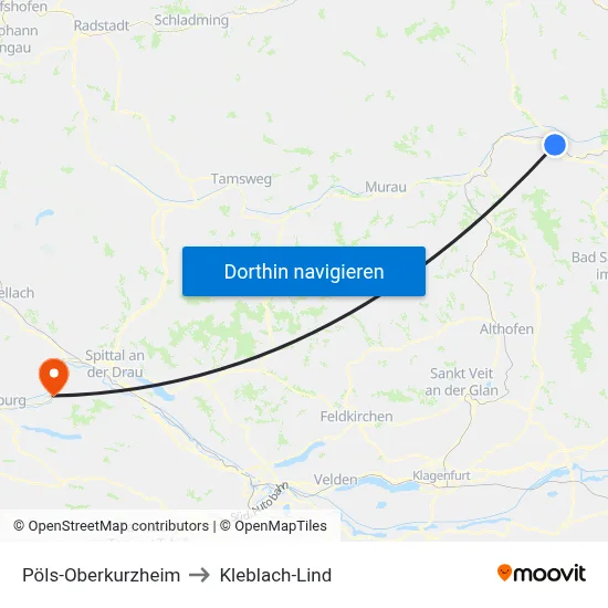 Pöls-Oberkurzheim to Kleblach-Lind map