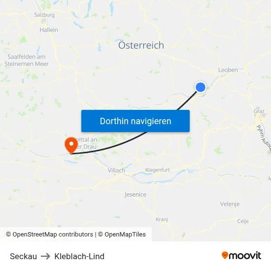 Seckau to Kleblach-Lind map