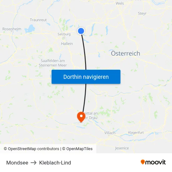 Mondsee to Kleblach-Lind map