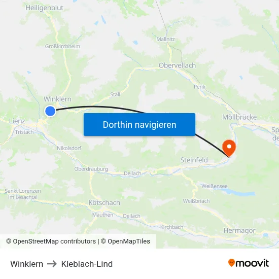 Winklern to Kleblach-Lind map