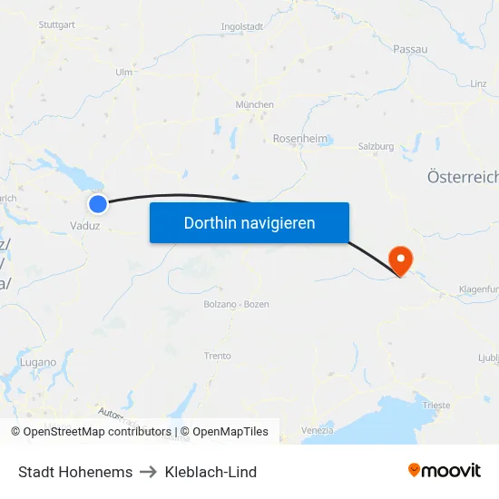 Stadt Hohenems to Kleblach-Lind map