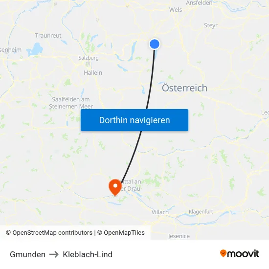 Gmunden to Kleblach-Lind map