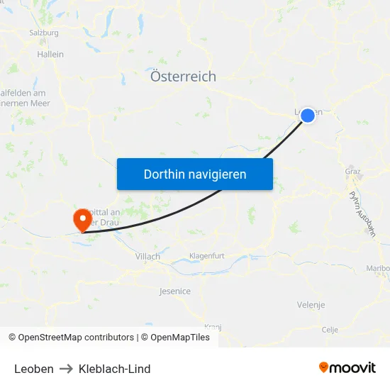 Leoben to Kleblach-Lind map