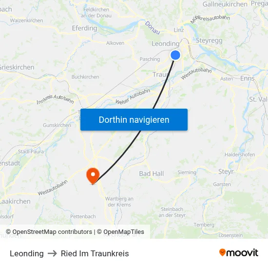 Leonding to Ried Im Traunkreis map