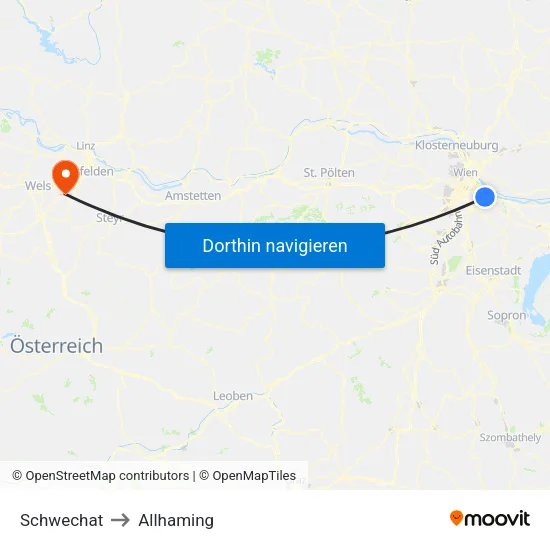 Schwechat to Allhaming map