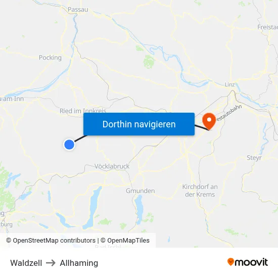 Waldzell to Allhaming map