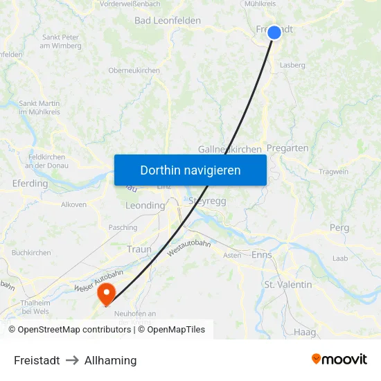 Freistadt to Allhaming map