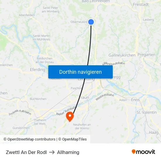 Zwettl An Der Rodl to Allhaming map