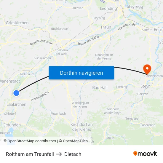 Roitham am Traunfall to Dietach map