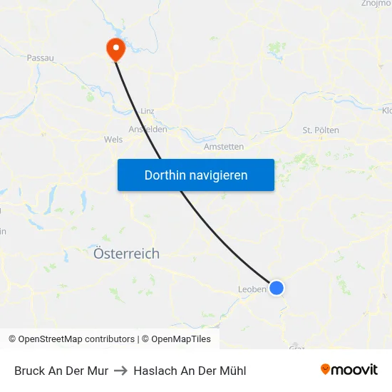 Bruck An Der Mur to Haslach An Der Mühl map