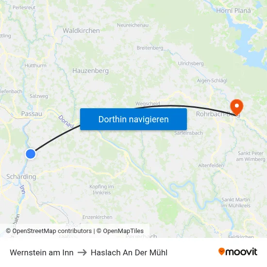 Wernstein am Inn to Haslach An Der Mühl map