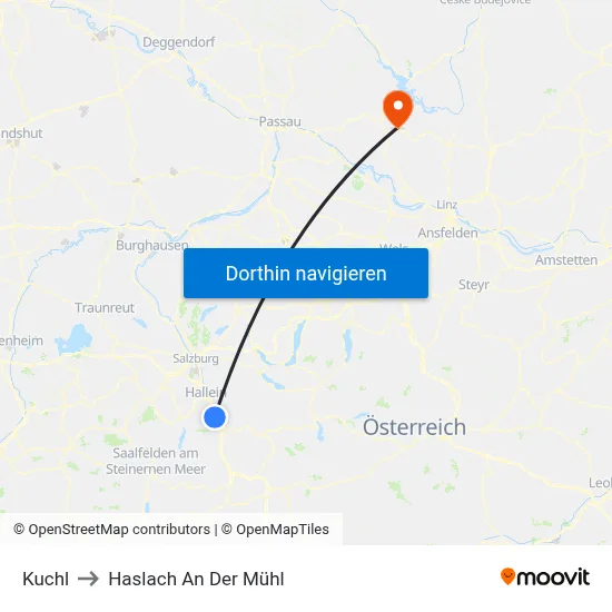Kuchl to Haslach An Der Mühl map