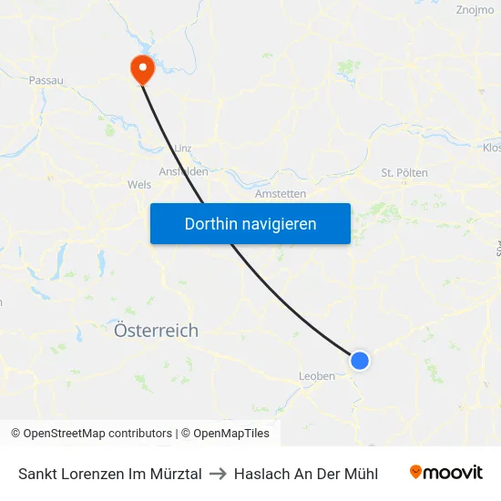 Sankt Lorenzen Im Mürztal to Haslach An Der Mühl map