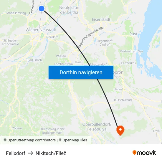 Felixdorf to Nikitsch/Filež map