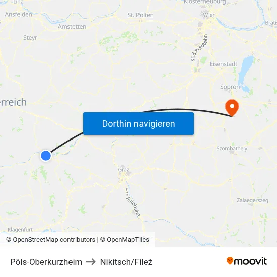 Pöls-Oberkurzheim to Nikitsch/Filež map