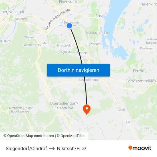 Siegendorf/Cindrof to Nikitsch/Filež map
