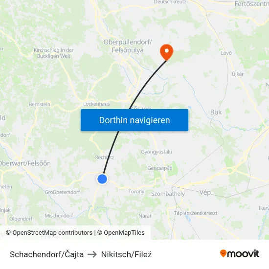 Schachendorf/Čajta to Nikitsch/Filež map