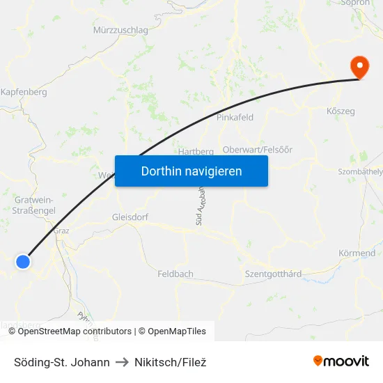 Söding-St. Johann to Nikitsch/Filež map
