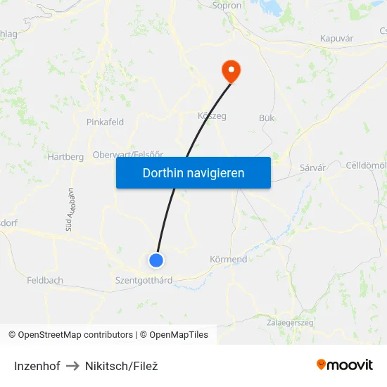 Inzenhof to Nikitsch/Filež map