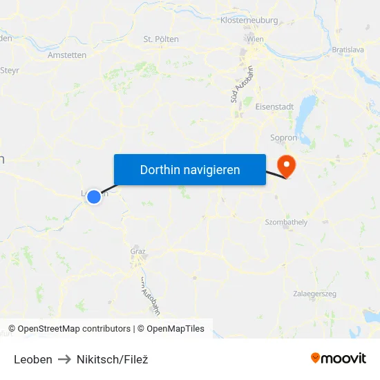 Leoben to Nikitsch/Filež map