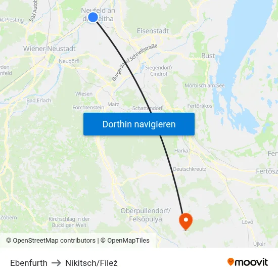 Ebenfurth to Nikitsch/Filež map