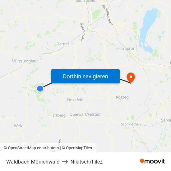 Waldbach-Mönichwald to Nikitsch/Filež map