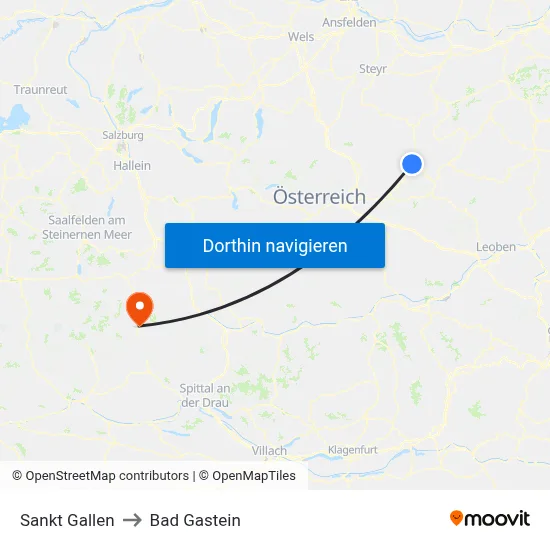 Sankt Gallen to Bad Gastein map